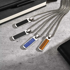 Stainless Steel Square Natural Stone Necklaces for Men Boys, Simple Tiger Eye Stone Pendant Necklace, Trendy Hip Hop Jewelry
