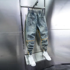 New Arrival Fall/winter Men's Elastic Waist Korean Style Trendy Brand Jeans Patchwork Wide Leg Slim Fit Hip Hop Pants