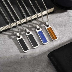 Stainless Steel Square Natural Stone Necklaces for Men Boys, Simple Tiger Eye Stone Pendant Necklace, Trendy Hip Hop Jewelry