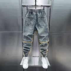 New Arrival Fall/winter Men's Elastic Waist Korean Style Trendy Brand Jeans Patchwork Wide Leg Slim Fit Hip Hop Pants