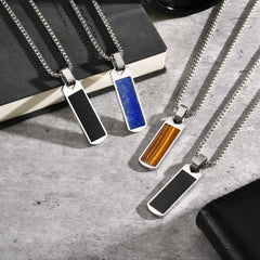 Stainless Steel Square Natural Stone Necklaces for Men Boys, Simple Tiger Eye Stone Pendant Necklace, Trendy Hip Hop Jewelry