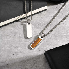 Stainless Steel Square Natural Stone Necklaces for Men Boys, Simple Tiger Eye Stone Pendant Necklace, Trendy Hip Hop Jewelry