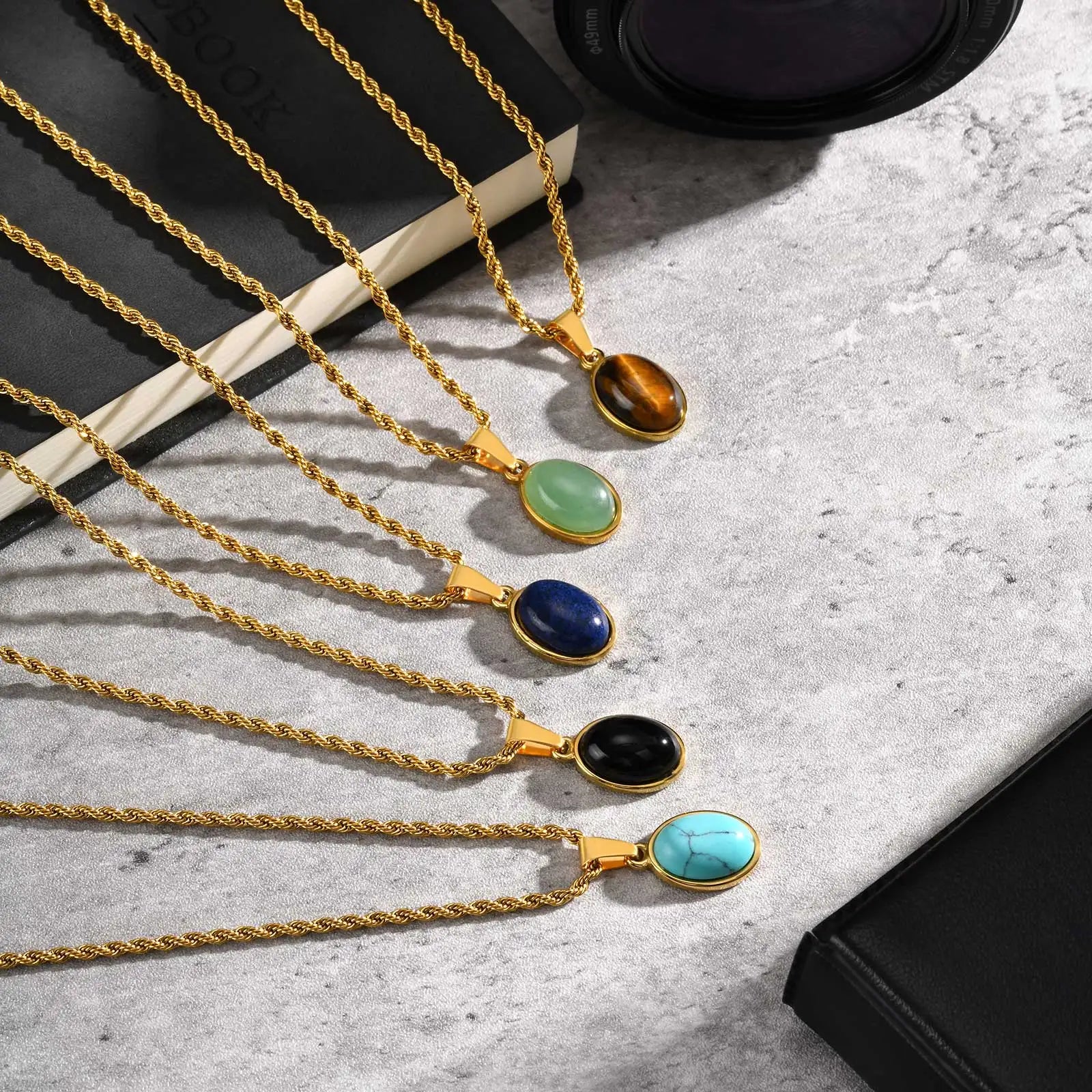 Men's Fashion Minimalist Natural Tiger Eyes Stone Necklace, Stainless steel Geometric Pendant Necklace, Punk Vintage Jewelry