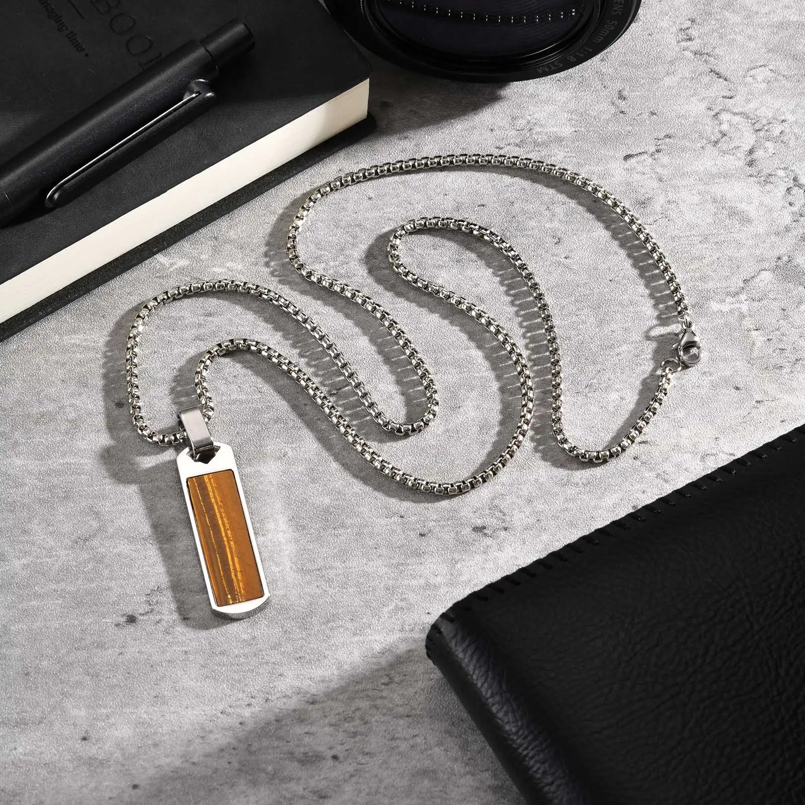 Stainless Steel Square Natural Stone Necklaces for Men Boys, Simple Tiger Eye Stone Pendant Necklace, Trendy Hip Hop Jewelry