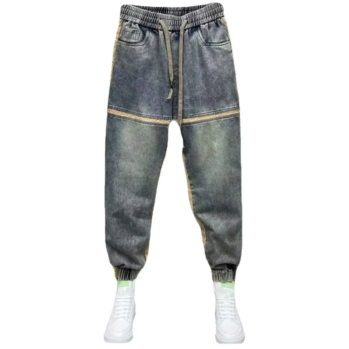 New Arrival Fall/winter Men's Elastic Waist Korean Style Trendy Brand Jeans Patchwork Wide Leg Slim Fit Hip Hop Pants